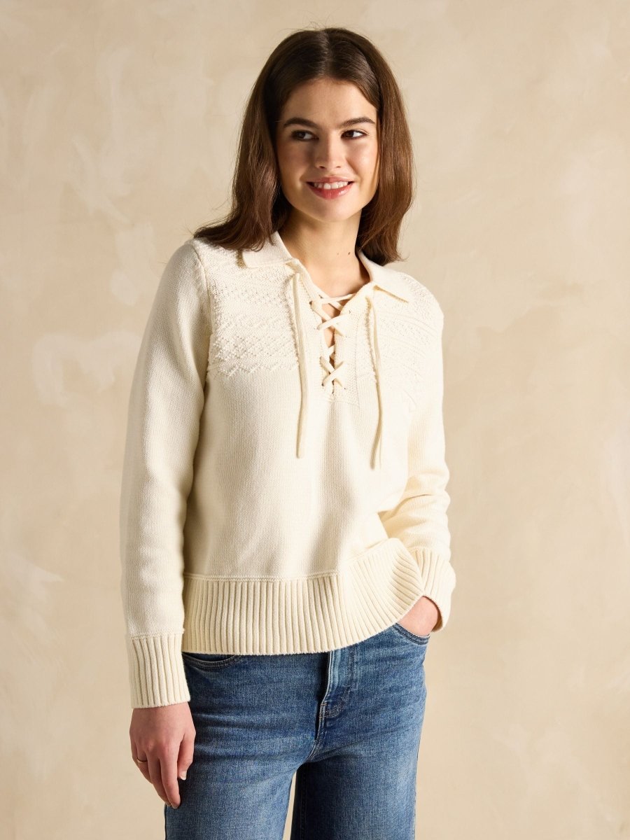 Annie Cream Lace Up Collared Cotton Jumper - RUTHERFORD & Co
