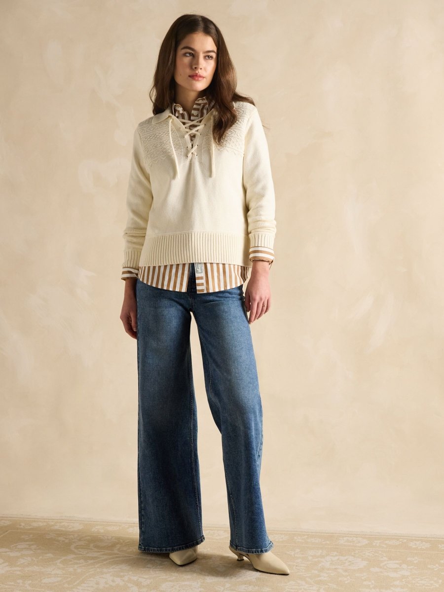 Annie Cream Lace Up Collared Cotton Jumper - RUTHERFORD & Co