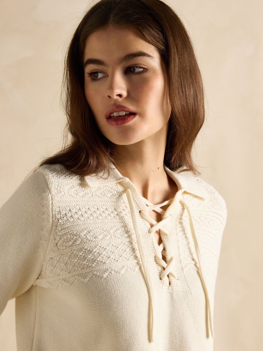 Annie Cream Lace Up Collared Cotton Jumper - RUTHERFORD & Co