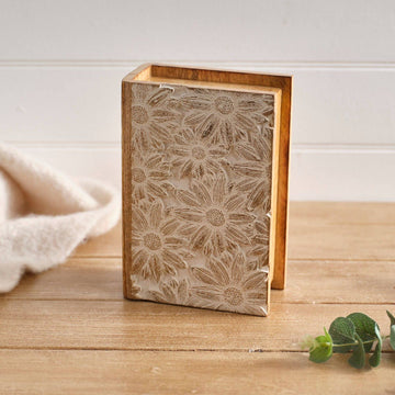 Antique White Mango Wood Embossed Flower Design Book Storage Box - RUTHERFORD & Co