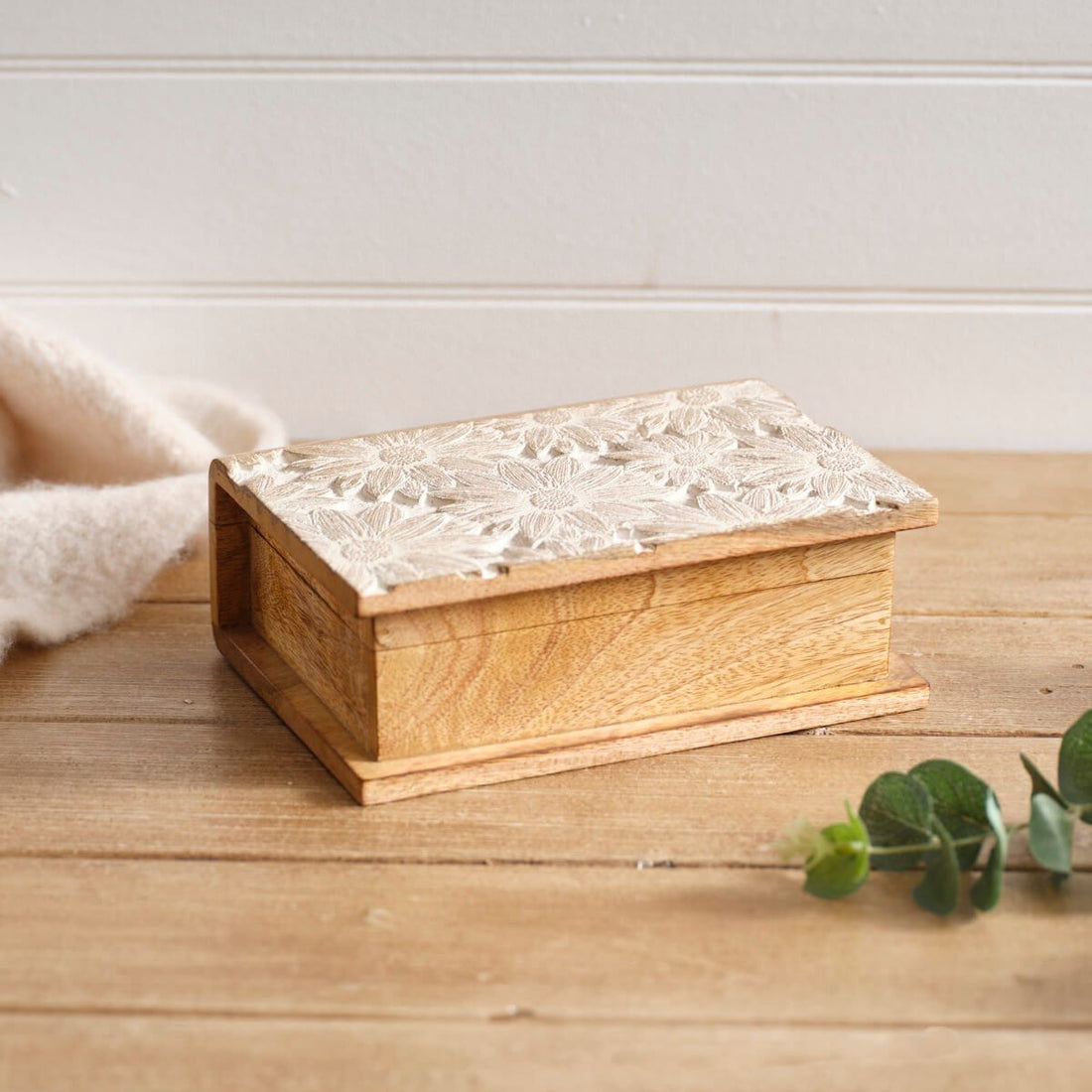 Antique White Mango Wood Embossed Flower Design Book Storage Box - RUTHERFORD & Co