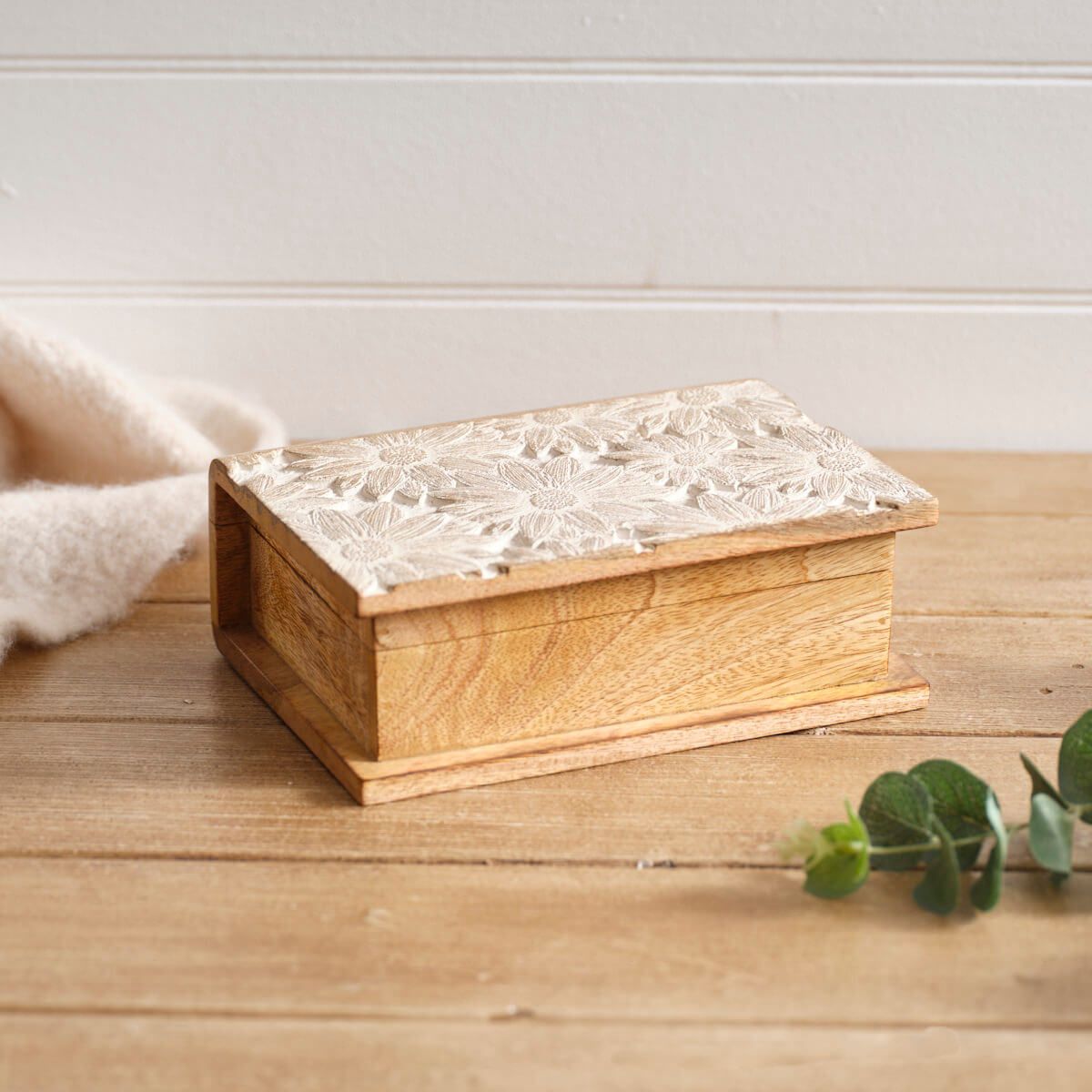 Antique White Mango Wood Embossed Flower Design Book Storage Box - RUTHERFORD & Co