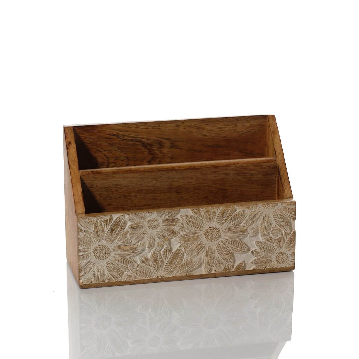 Antique White Mango Wood Embossed Flower Design Letter Rack - RUTHERFORD & Co