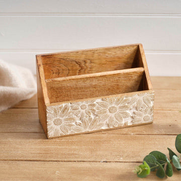Antique White Mango Wood Embossed Flower Design Letter Rack - RUTHERFORD & Co