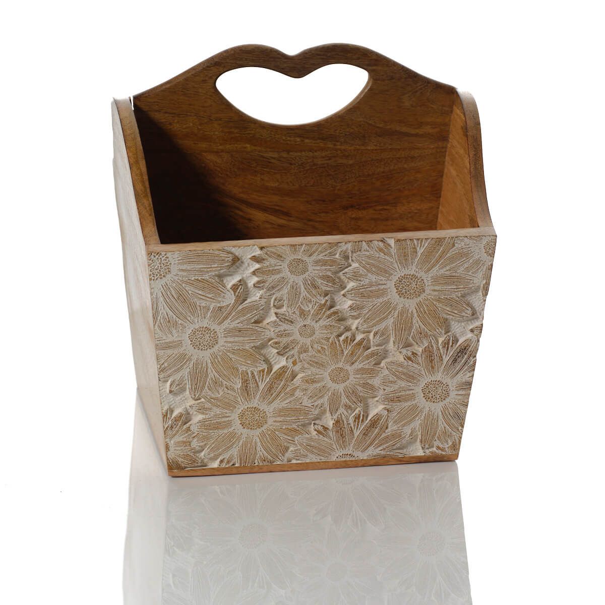 Antique White Mango Wood Embossed Flower Design Storage Trug - RUTHERFORD & Co