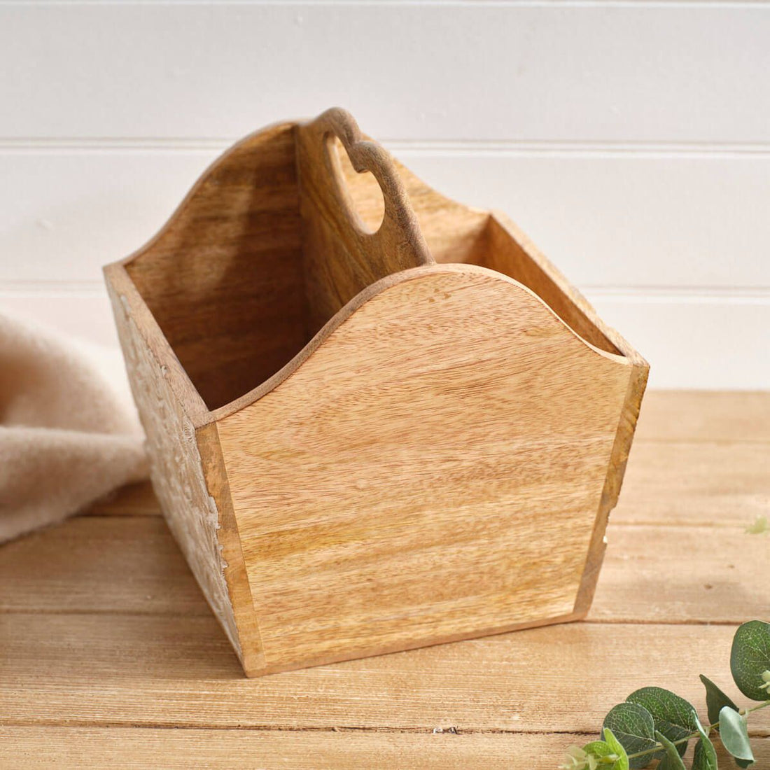 Antique White Mango Wood Embossed Flower Design Storage Trug - RUTHERFORD & Co
