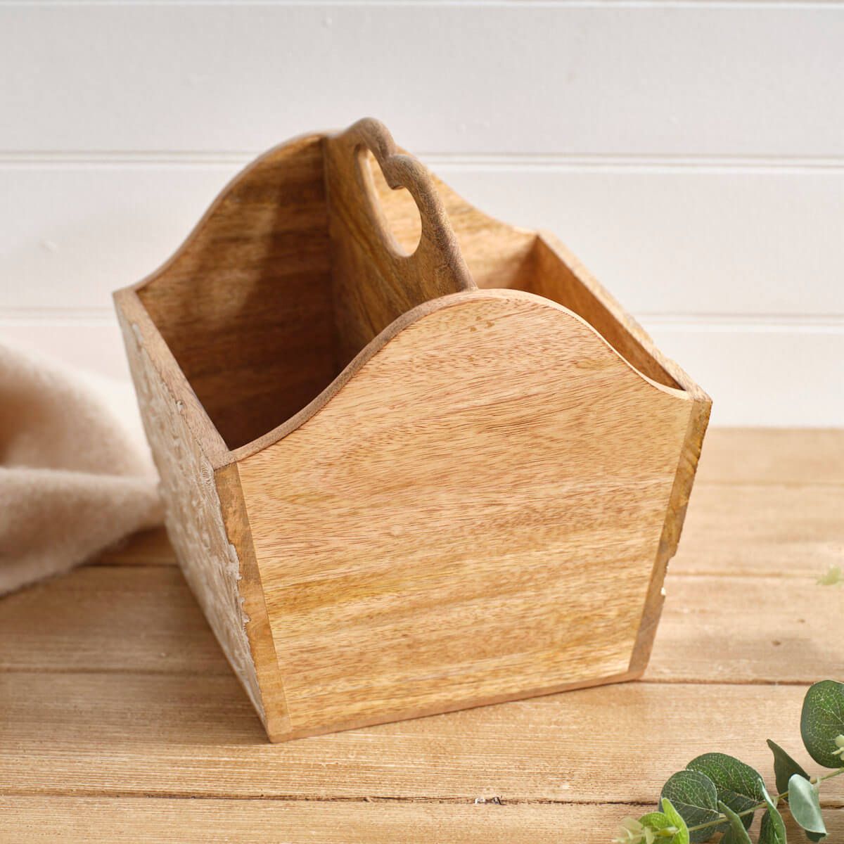 Antique White Mango Wood Embossed Flower Design Storage Trug - RUTHERFORD & Co