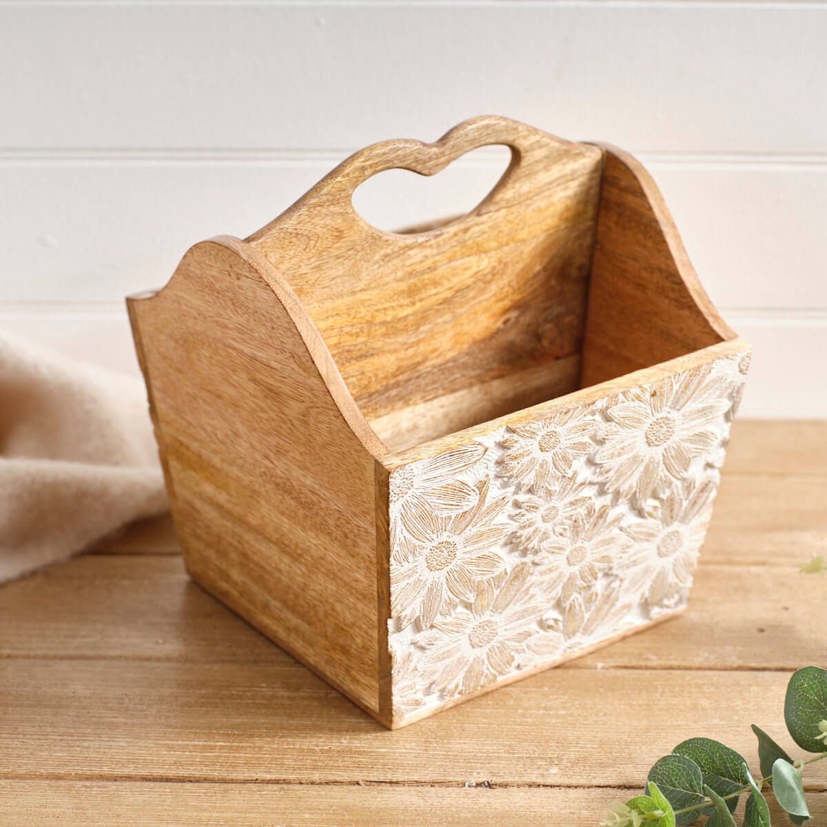 Antique White Mango Wood Embossed Flower Design Storage Trug - RUTHERFORD & Co