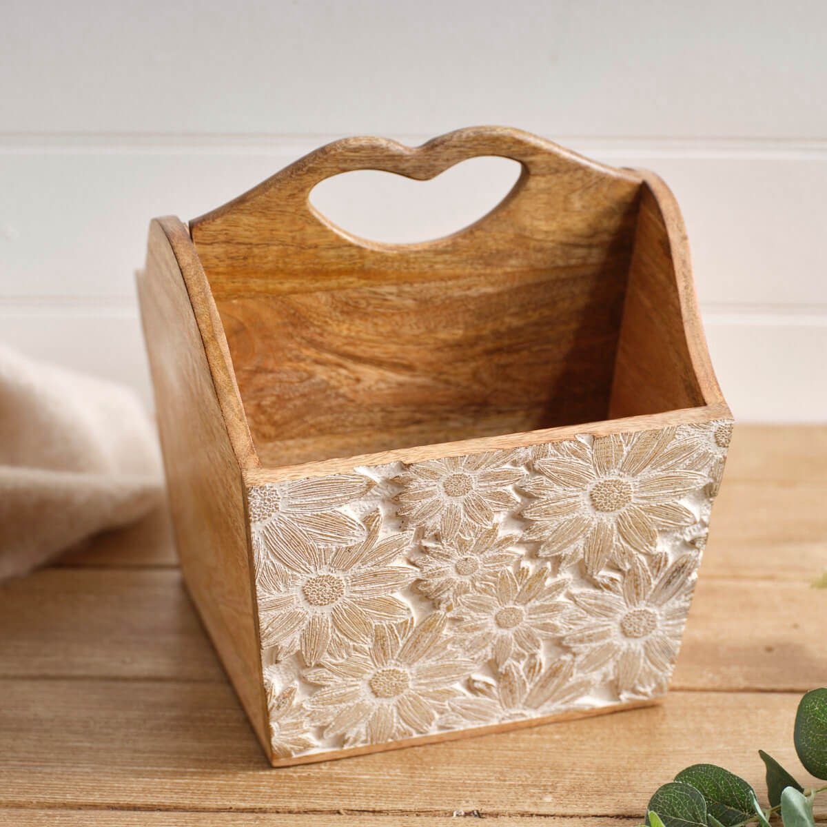 Antique White Mango Wood Embossed Flower Design Storage Trug - RUTHERFORD & Co