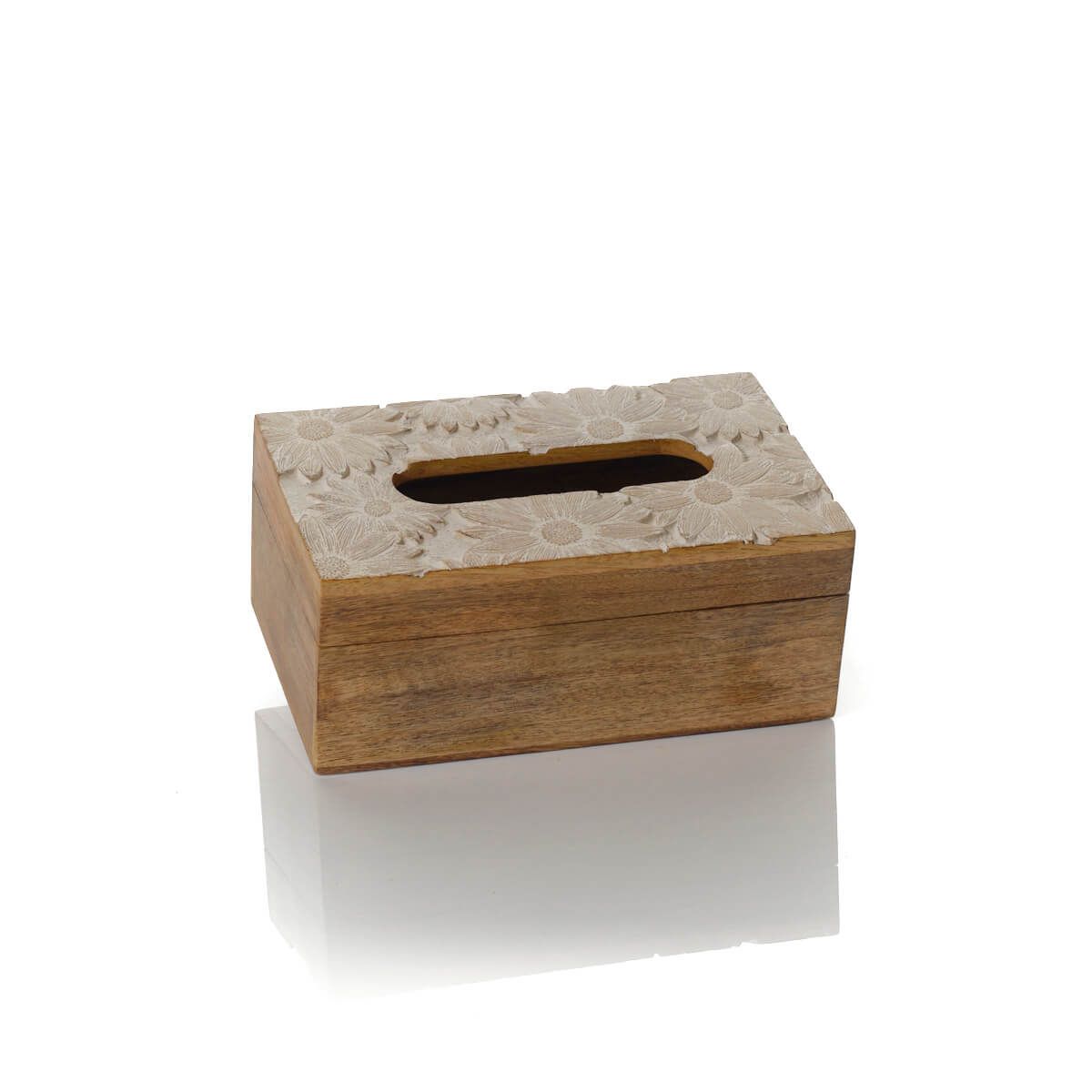 Antique White Mango Wood Embossed Flower Design Tissue Box - RUTHERFORD & Co