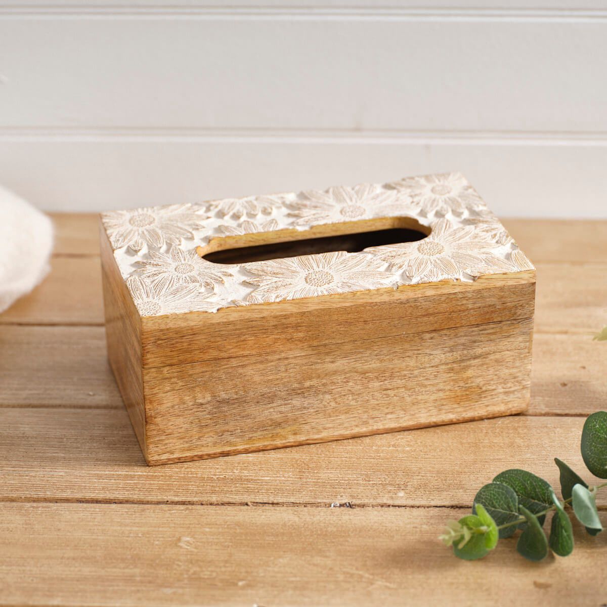 Antique White Mango Wood Embossed Flower Design Tissue Box - RUTHERFORD & Co