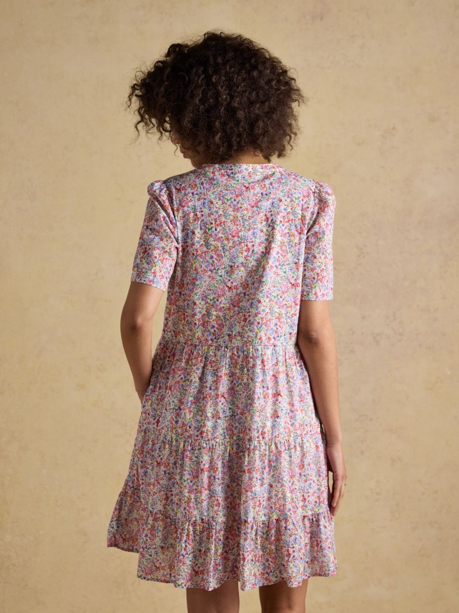 Ariella Pink Ditsy Cotton Tiered Knee Length Dress - RUTHERFORD & Co
