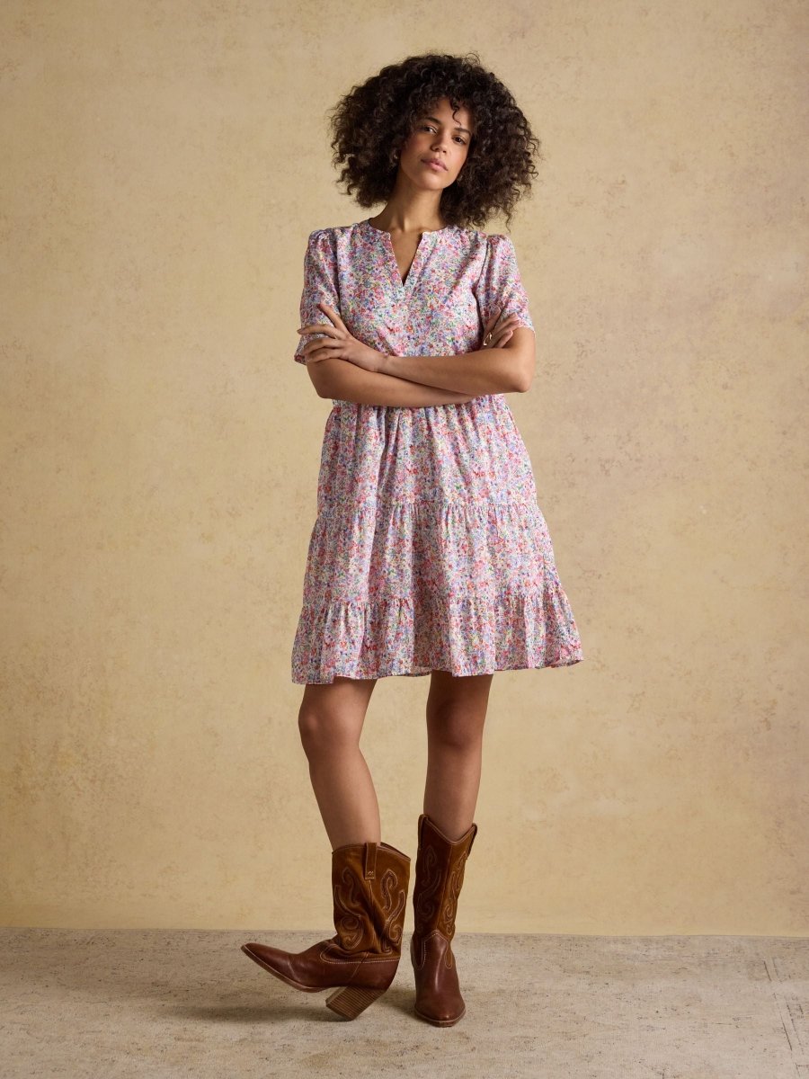 Ariella Pink Ditsy Cotton Tiered Knee Length Dress - RUTHERFORD & Co
