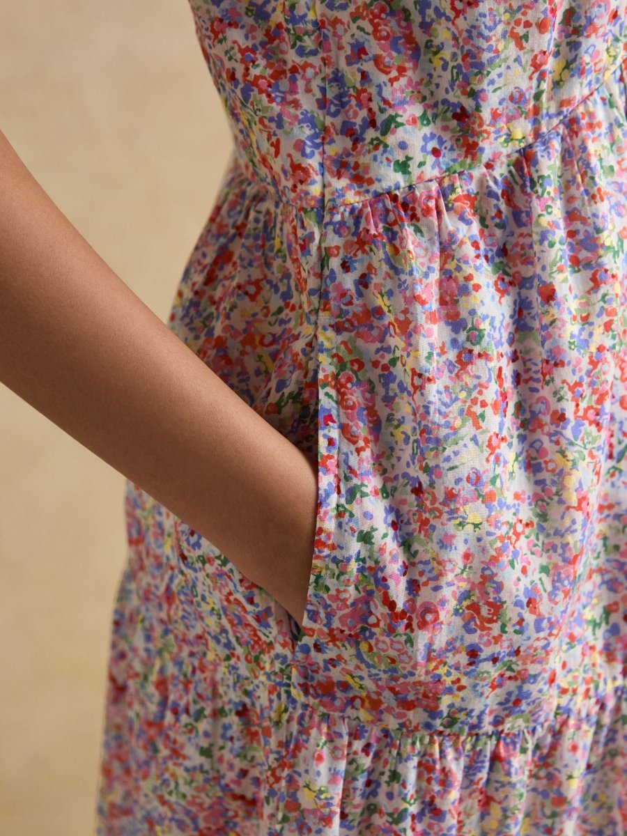 Ariella Pink Ditsy Cotton Tiered Knee Length Dress - RUTHERFORD & Co