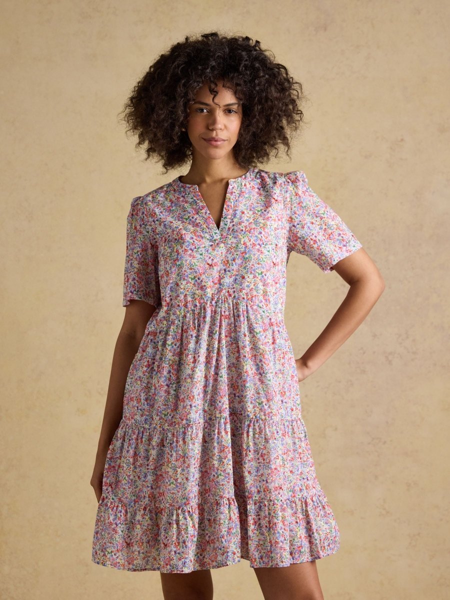 Ariella Pink Ditsy Cotton Tiered Knee Length Dress - RUTHERFORD & Co