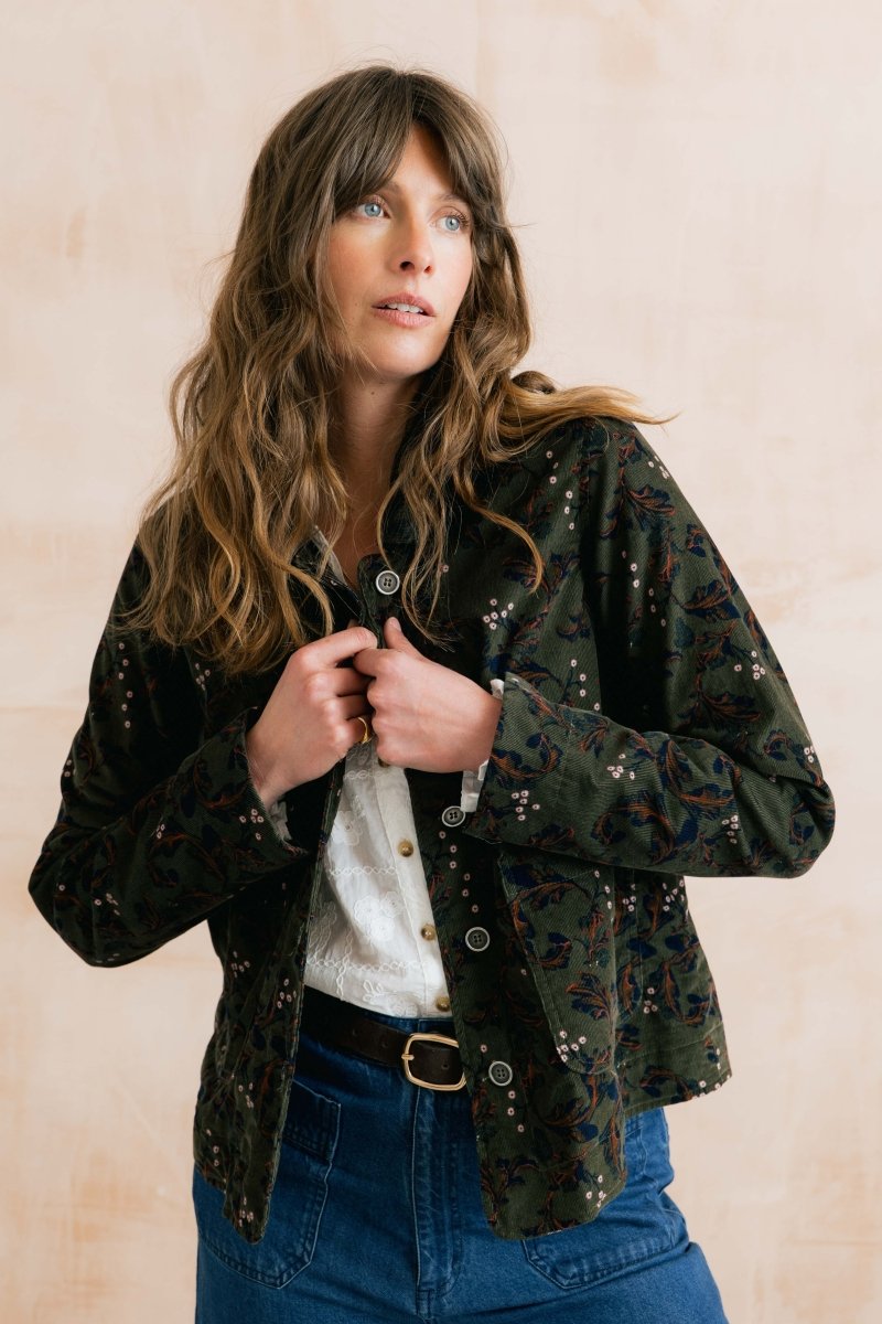 Ash Cotton Pincord Printed Jacket Dark Olive - RUTHERFORD & Co
