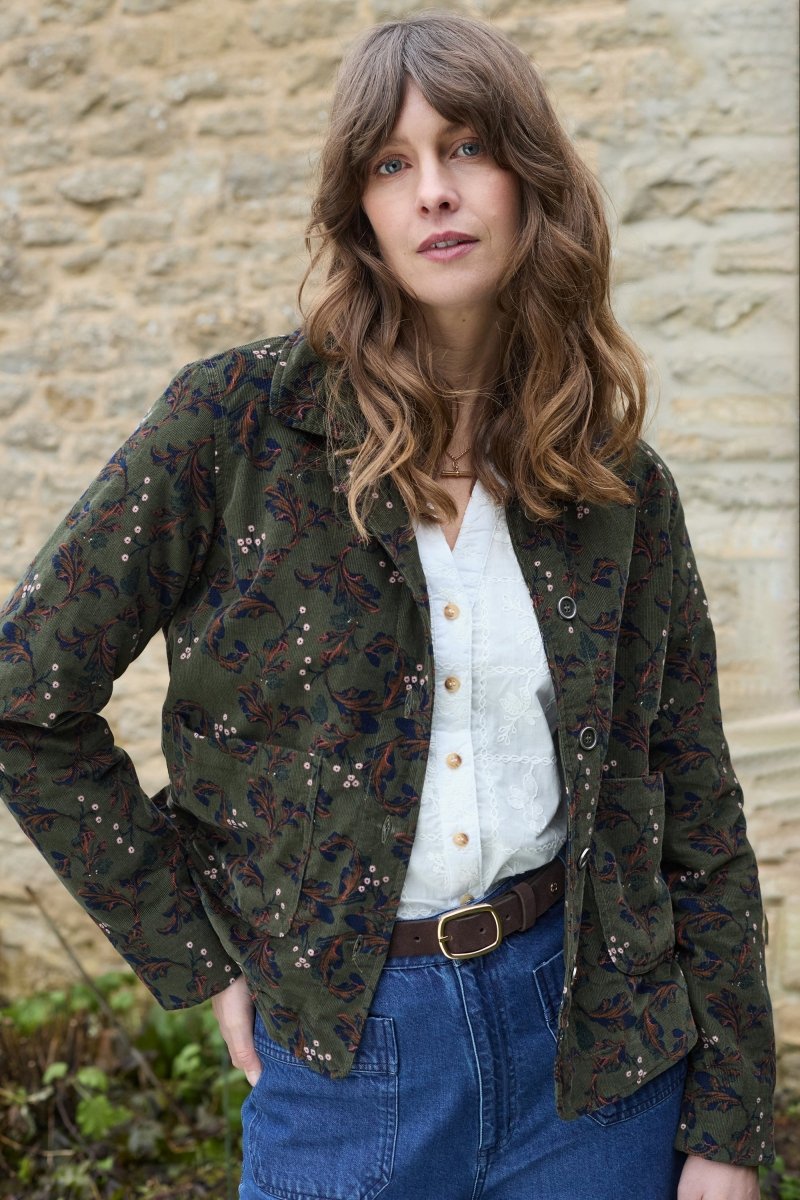 Ash Cotton Pincord Printed Jacket Dark Olive - RUTHERFORD & Co