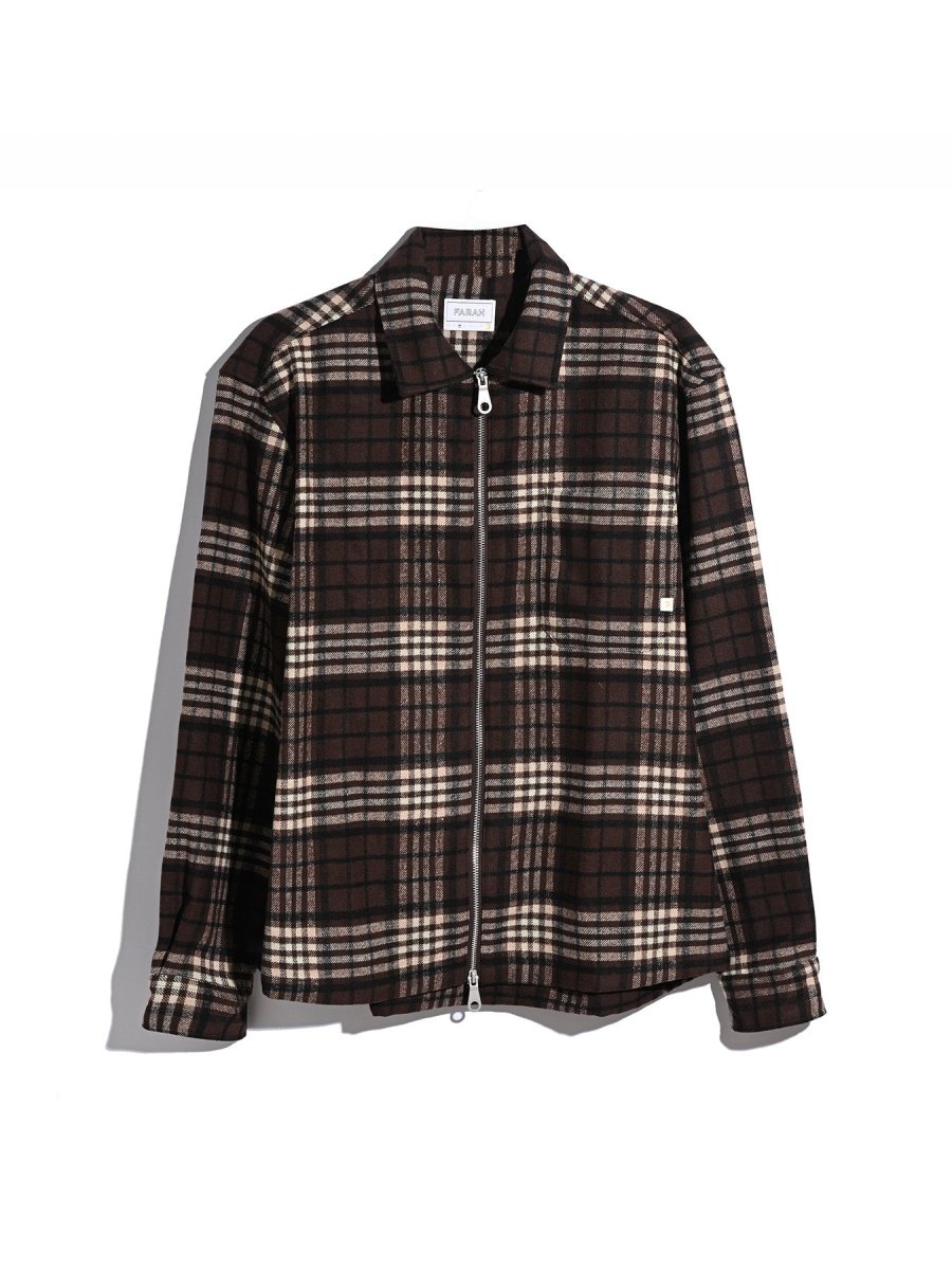 Asher Zipped Check Overshirt In Dark Brown - RUTHERFORD & Co
