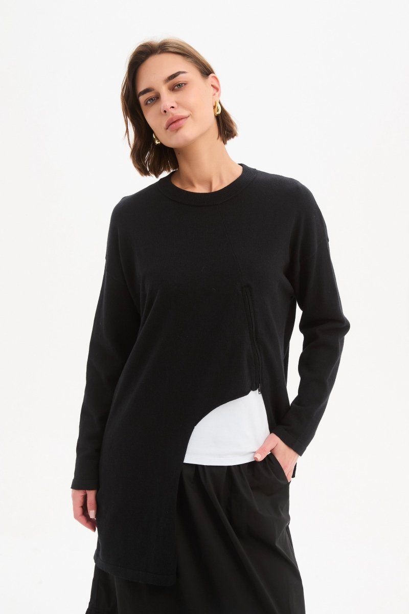 Asymmetric Zip Detail Knit Black - RUTHERFORD & Co