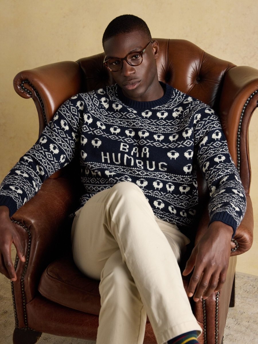 Baa Humbug Navy Intarsia Christmas Jumper - RUTHERFORD & Co