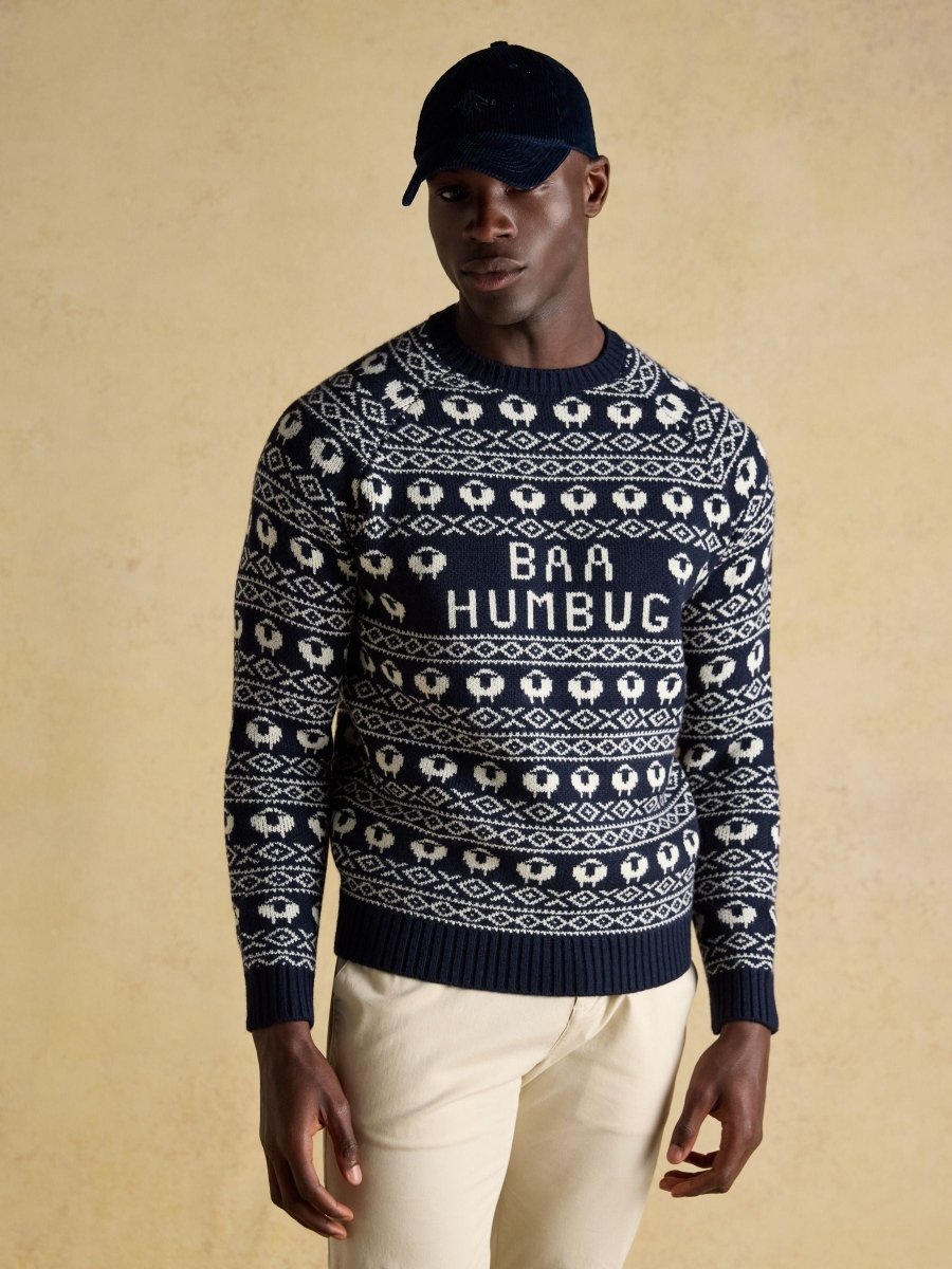 Baa Humbug Navy Intarsia Christmas Jumper - RUTHERFORD & Co