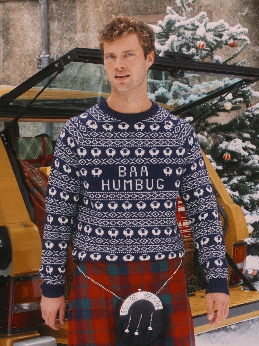Baa Humbug Navy Intarsia Christmas Jumper - RUTHERFORD & Co
