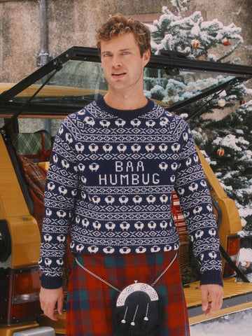 Baa Humbug Navy Intarsia Christmas Jumper - RUTHERFORD & Co
