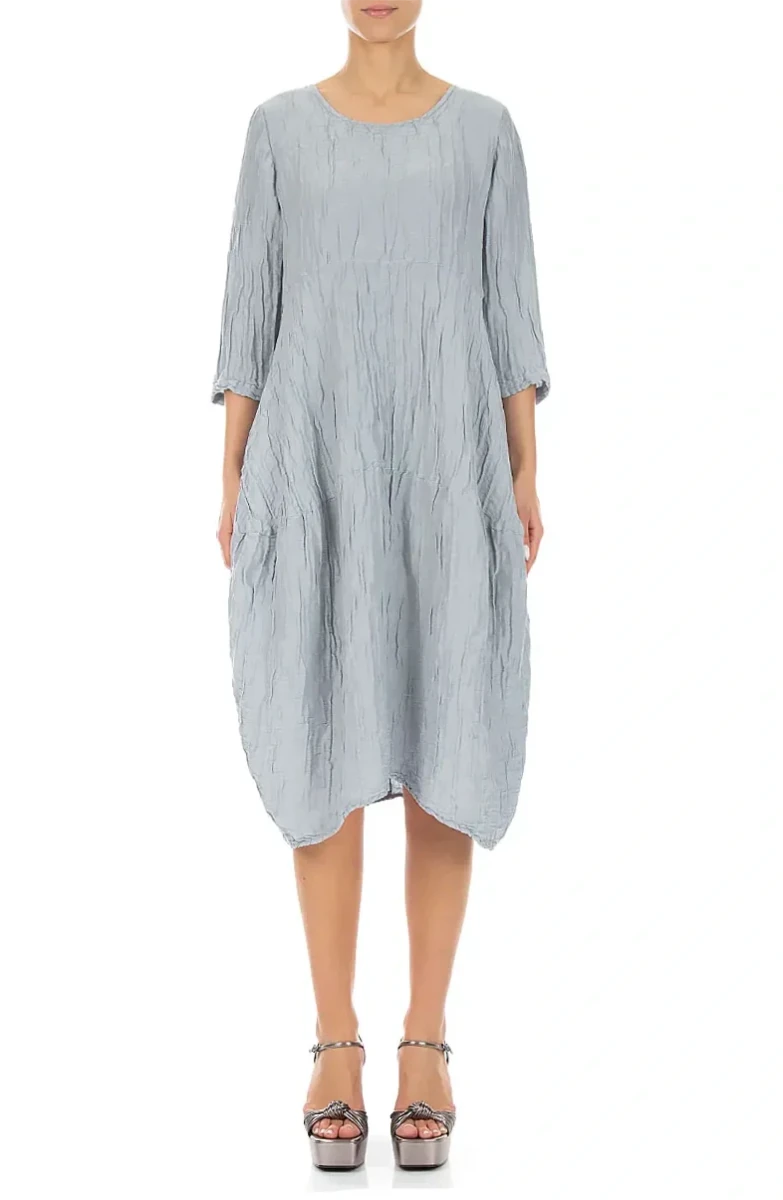 Balloon Crinkled Silver Grey Silk Linen Dress - RUTHERFORD & Co
