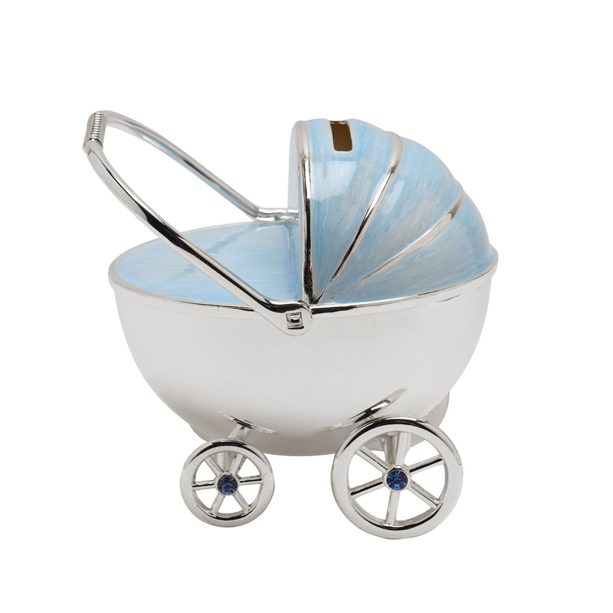 Bambino Silver Plated Pram Money Box Blue - RUTHERFORD & Co
