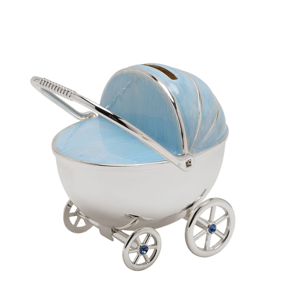 Bambino Silver Plated Pram Money Box Blue - RUTHERFORD & Co