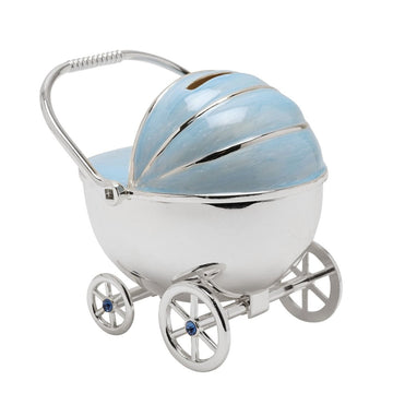 Bambino Silver Plated Pram Money Box Blue - RUTHERFORD & Co