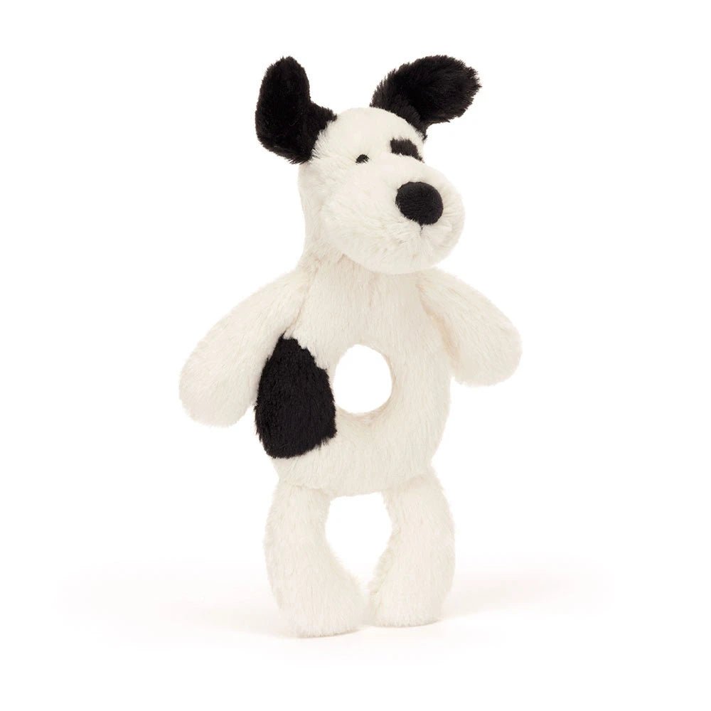 Bashful Black & Cream Puppy Ring Rattle - RUTHERFORD & Co