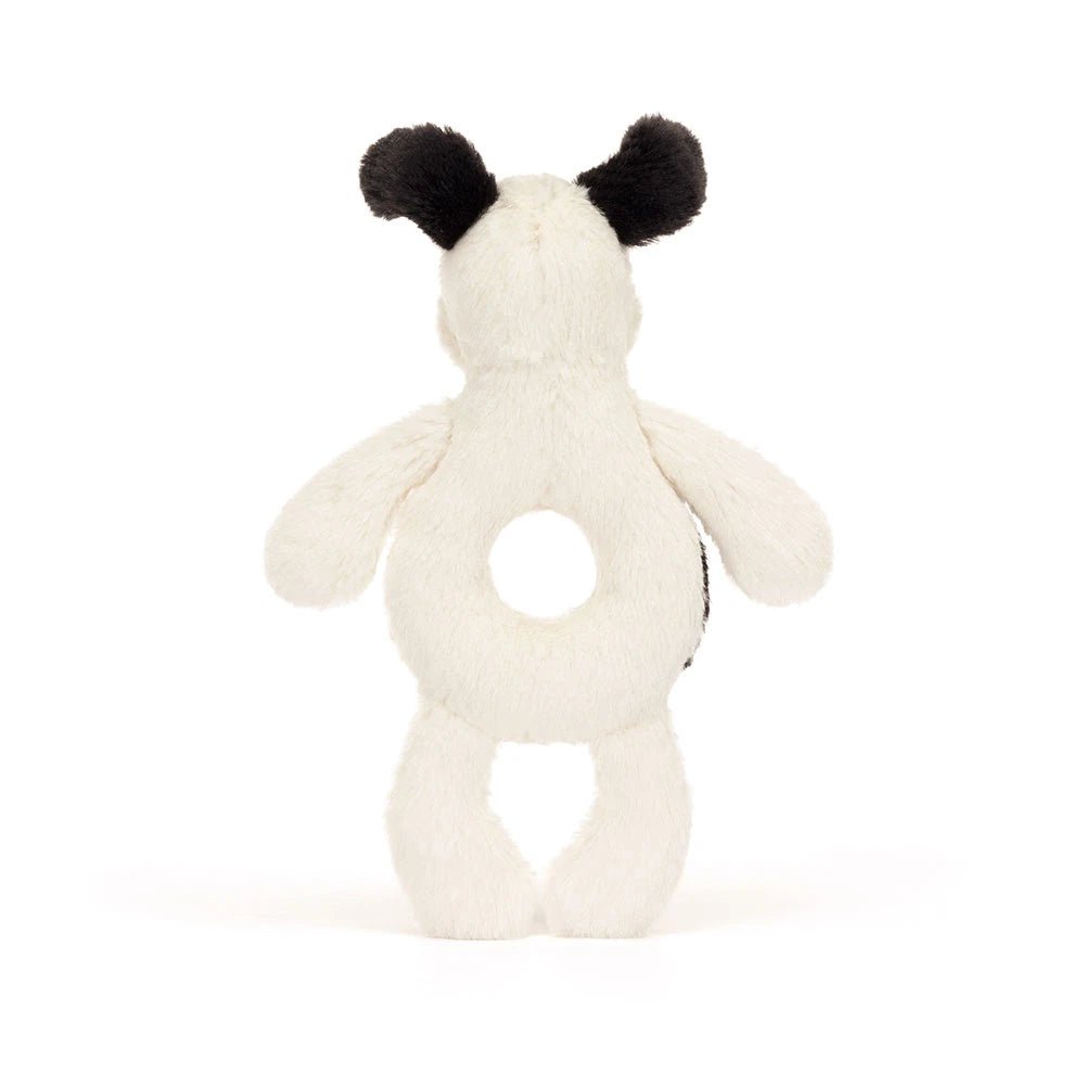 Bashful Black & Cream Puppy Ring Rattle - RUTHERFORD & Co