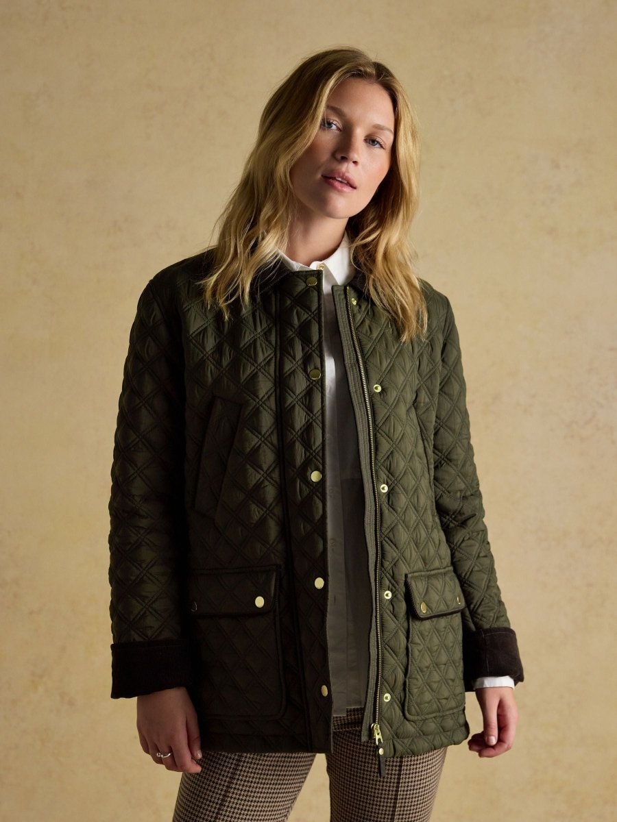 Beatrix Khaki Green Showerproof Diamond Quilted Coat - RUTHERFORD & Co
