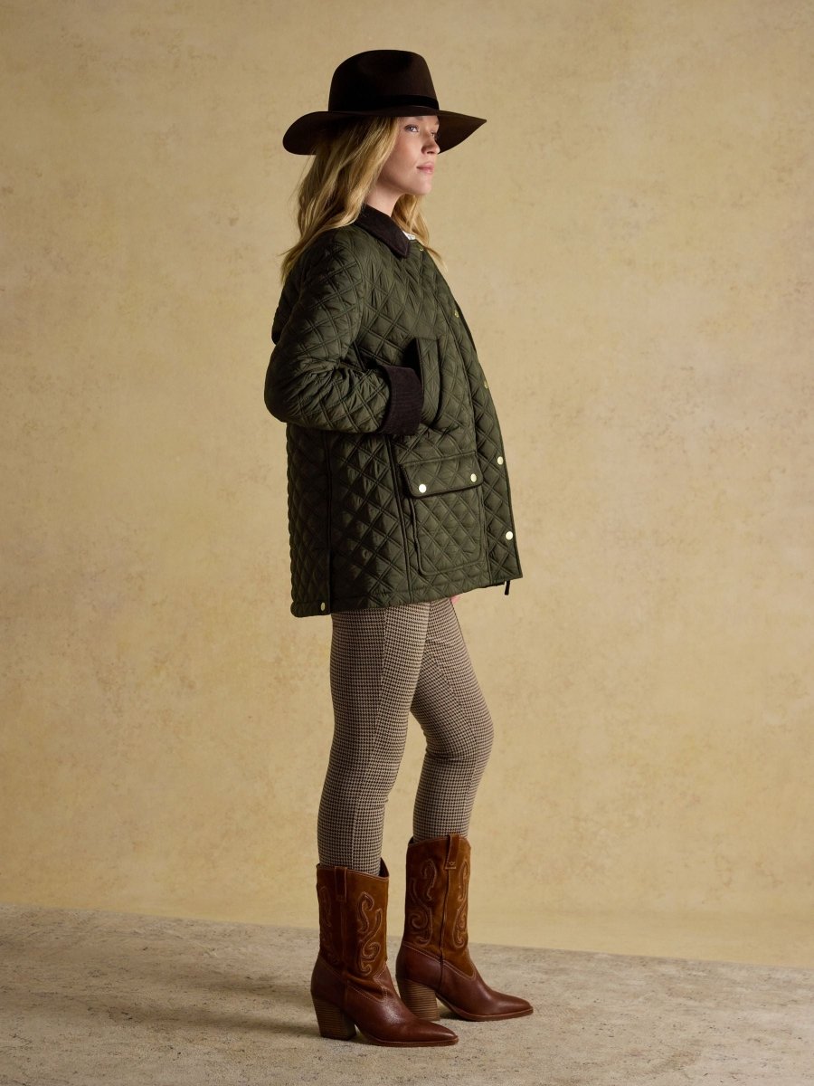 Beatrix Khaki Green Showerproof Diamond Quilted Coat - RUTHERFORD & Co