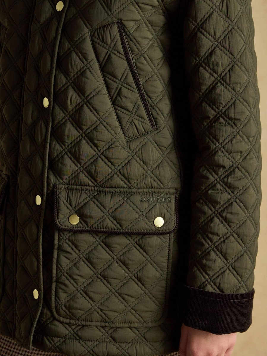 Beatrix Khaki Green Showerproof Diamond Quilted Coat - RUTHERFORD & Co