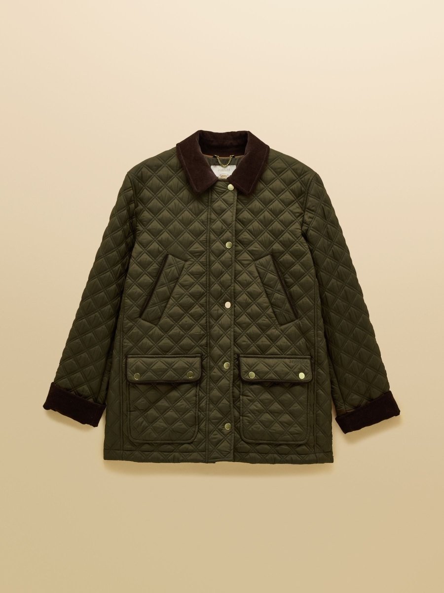 Beatrix Khaki Green Showerproof Diamond Quilted Coat - RUTHERFORD & Co