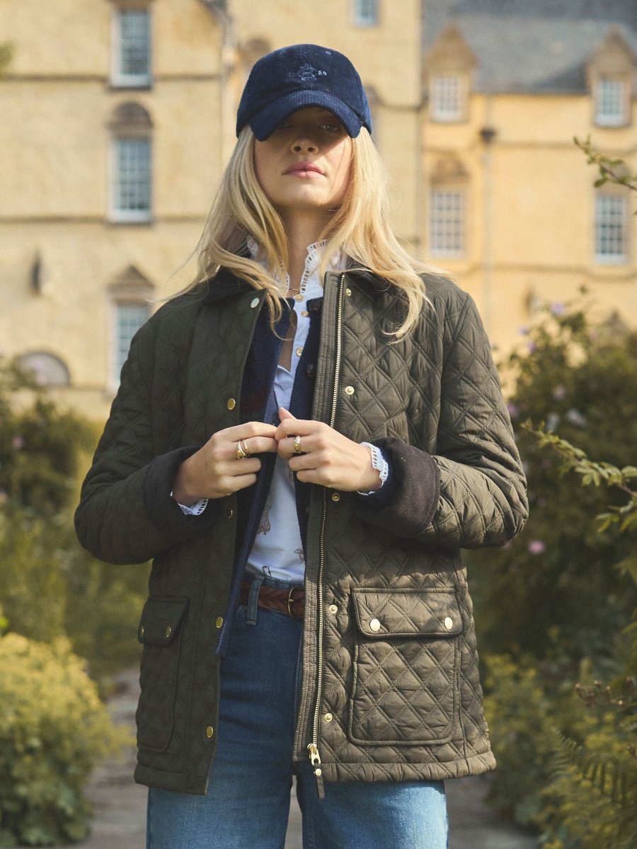Beatrix Khaki Green Showerproof Diamond Quilted Coat - RUTHERFORD & Co