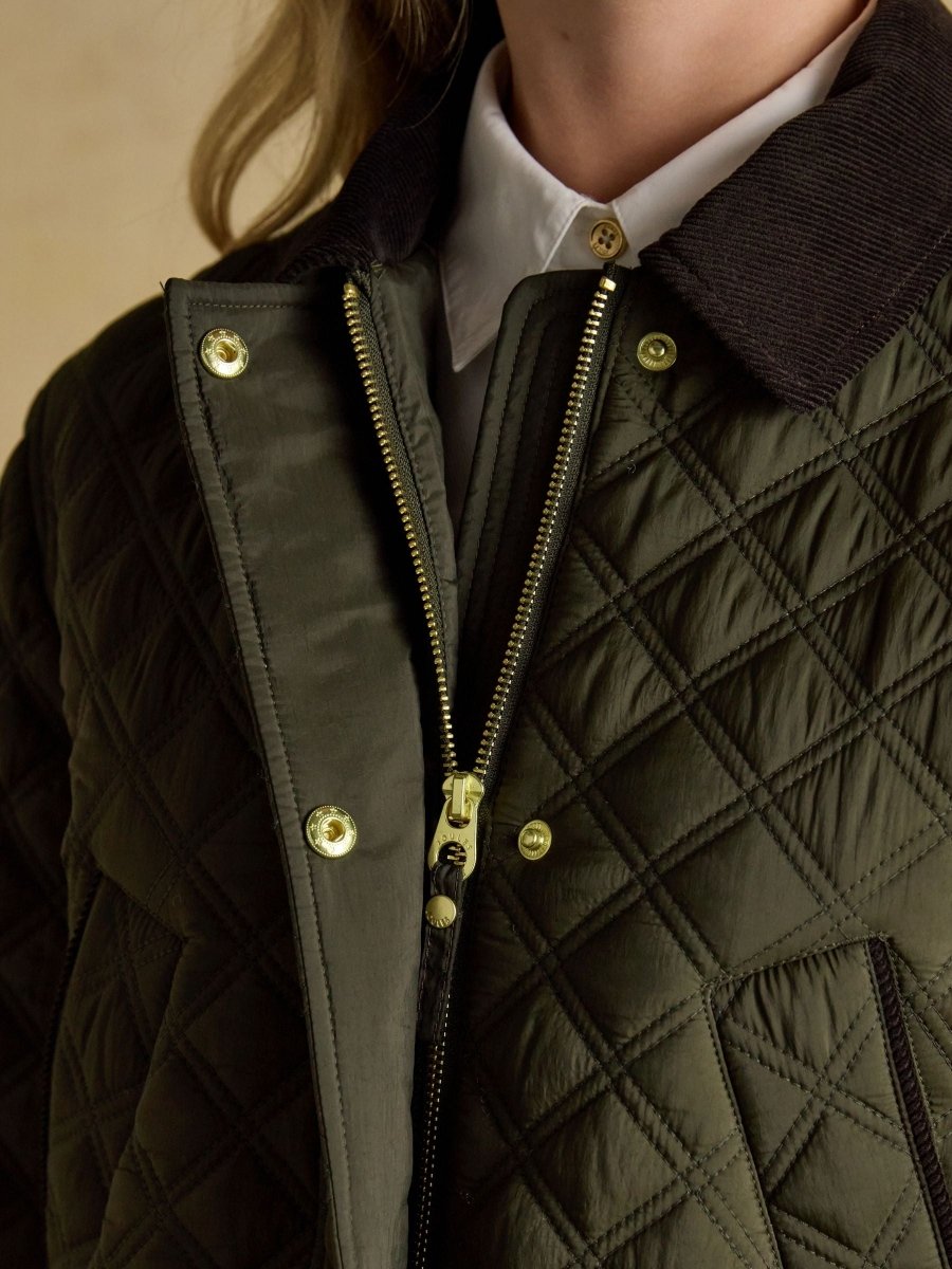 Beatrix Khaki Green Showerproof Diamond Quilted Coat - RUTHERFORD & Co