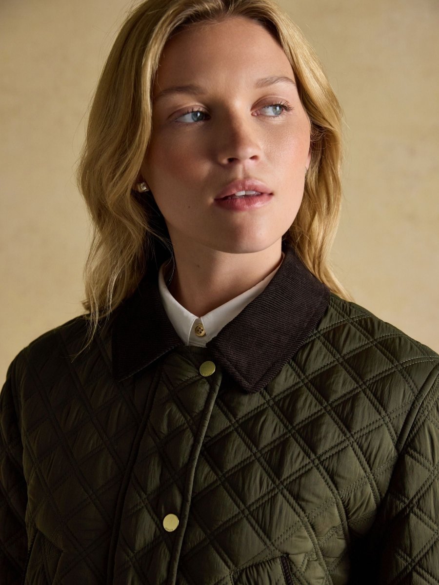 Beatrix Khaki Green Showerproof Diamond Quilted Coat - RUTHERFORD & Co