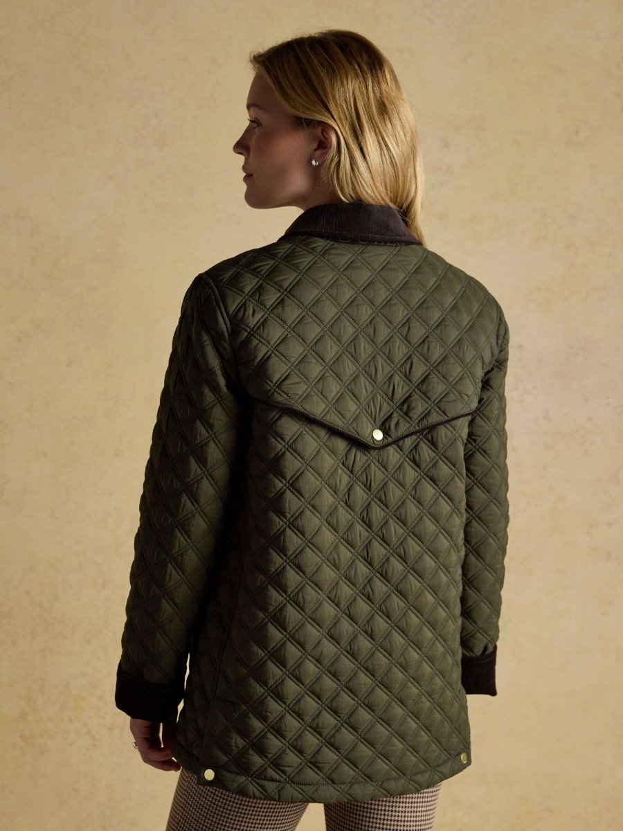 Beatrix Khaki Green Showerproof Diamond Quilted Coat - RUTHERFORD & Co