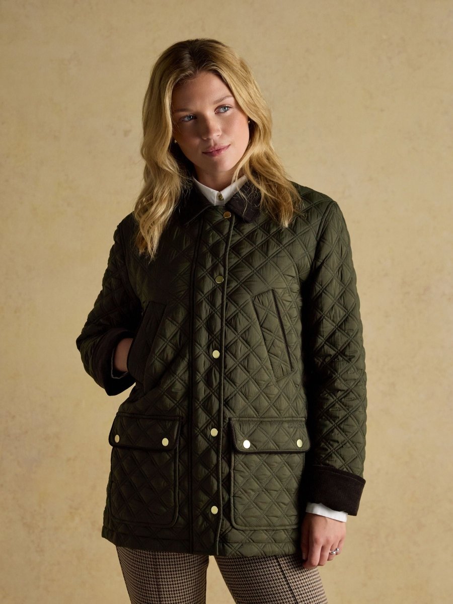 Beatrix Khaki Green Showerproof Diamond Quilted Coat - RUTHERFORD & Co