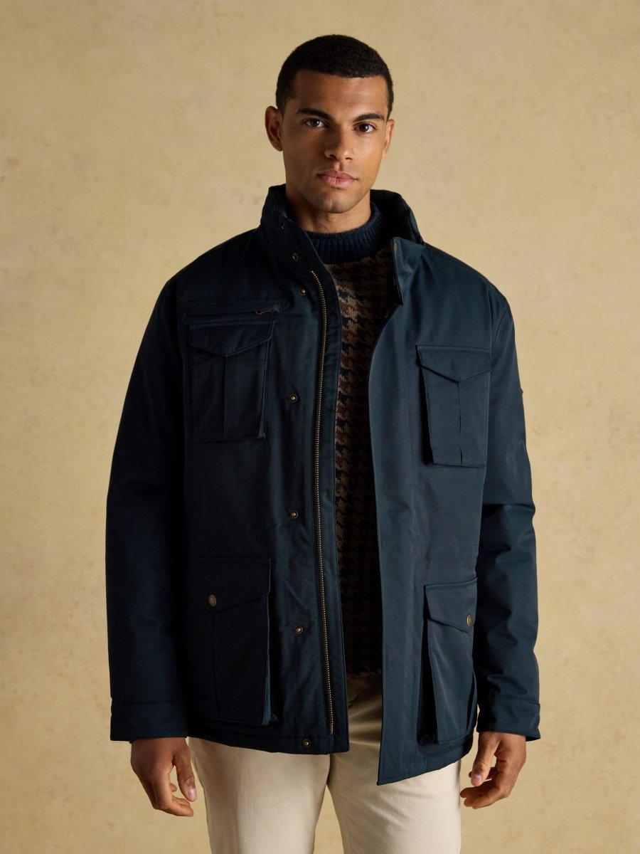 Beckett Navy Waterproof Field Coat With Packable Hood - RUTHERFORD & Co