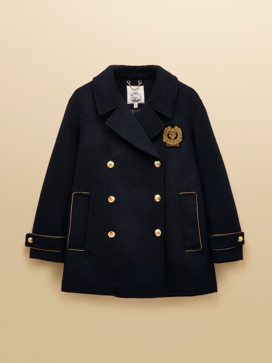 Belchamp Navy Wool Blend Peacoat with Beaded Badge - RUTHERFORD & Co