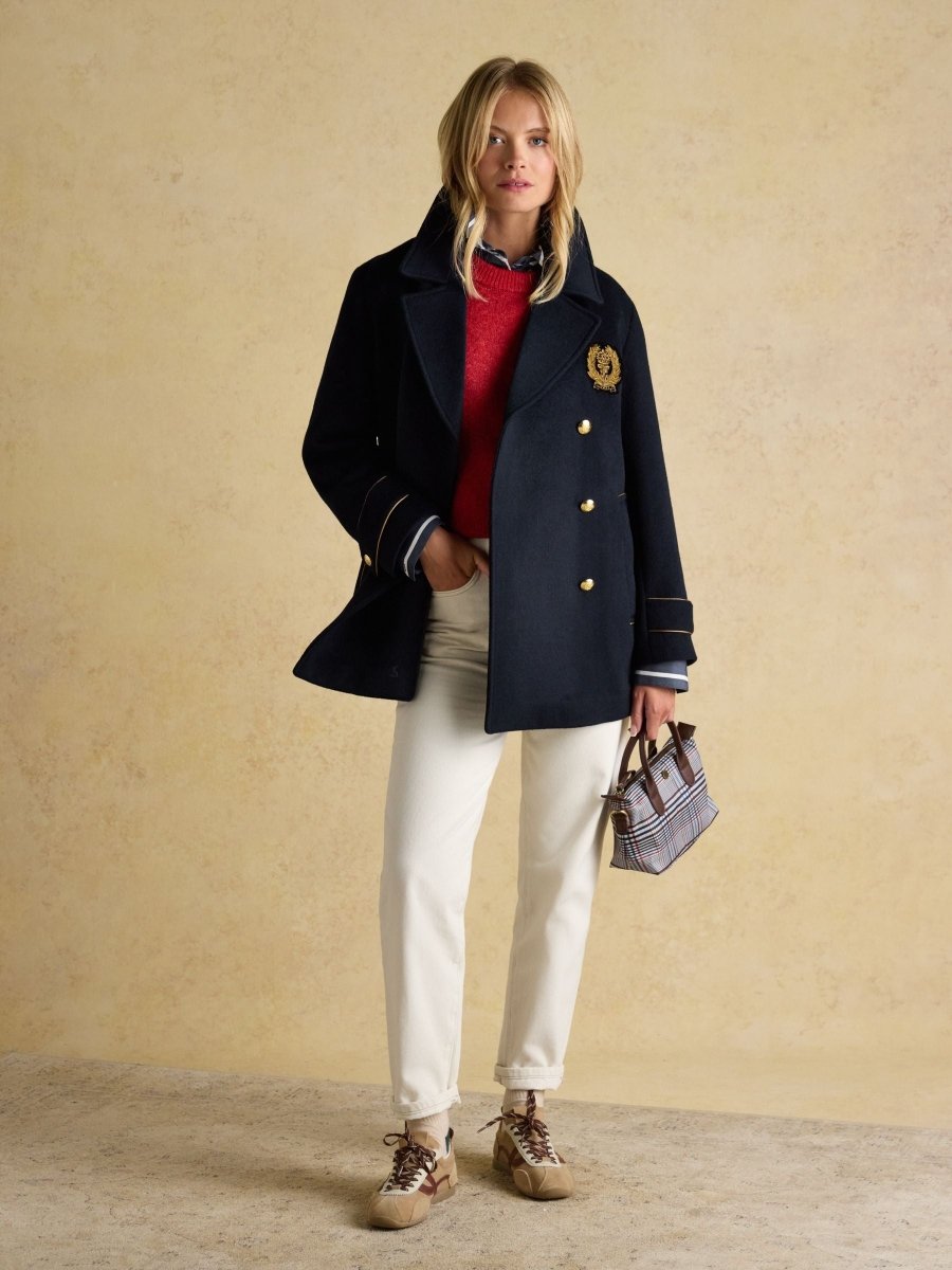 Belchamp Navy Wool Blend Peacoat with Beaded Badge - RUTHERFORD & Co