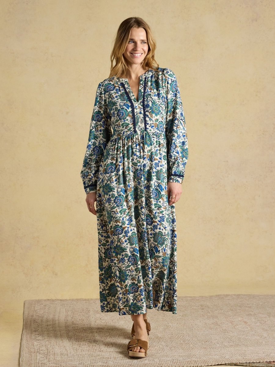 Bethany Blue Floral Lace Trim Midi Dress - RUTHERFORD & Co