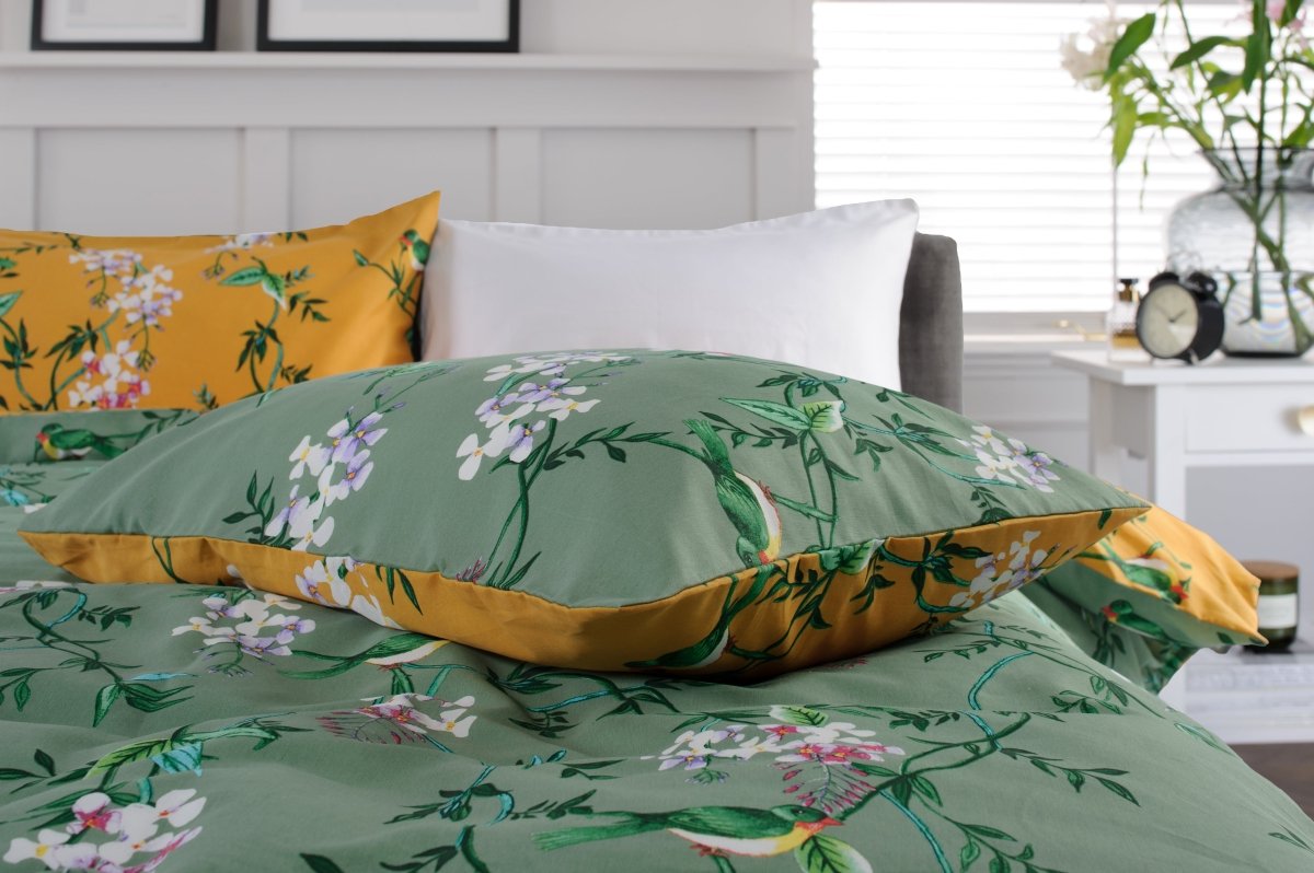 Bird Garden Cotton Rich Duvet Cover Set Sage & Gold - RUTHERFORD & Co