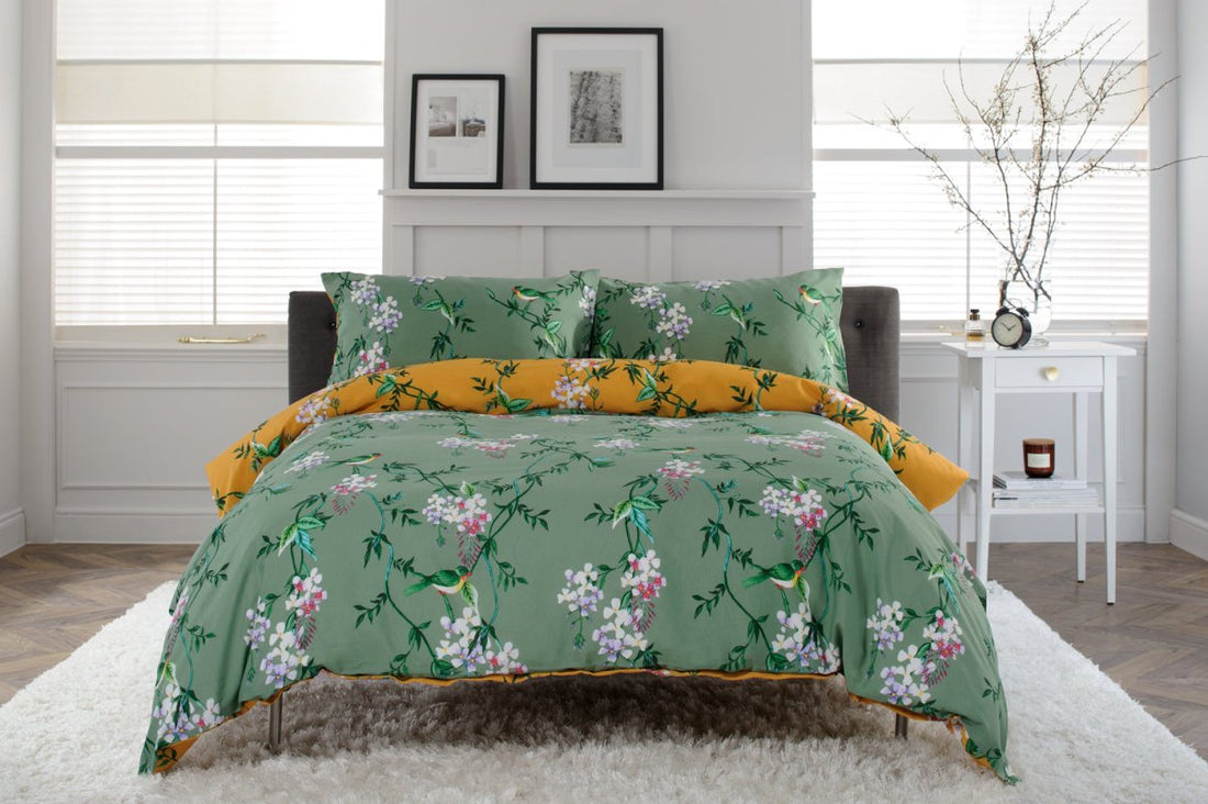 Bird Garden Cotton Rich Duvet Cover Set Sage & Gold - RUTHERFORD & Co
