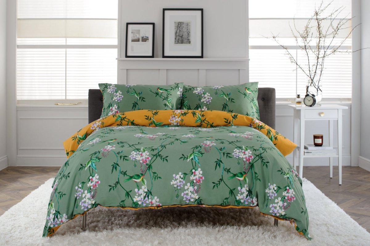 Bird Garden Cotton Rich Duvet Cover Set Sage & Gold - RUTHERFORD & Co