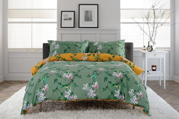 Bird Garden Cotton Rich Duvet Cover Set Sage & Gold - RUTHERFORD & Co